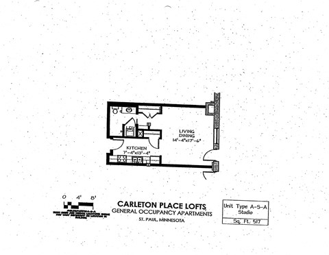 Floor plan for studio, 1 bath, 517 sqft